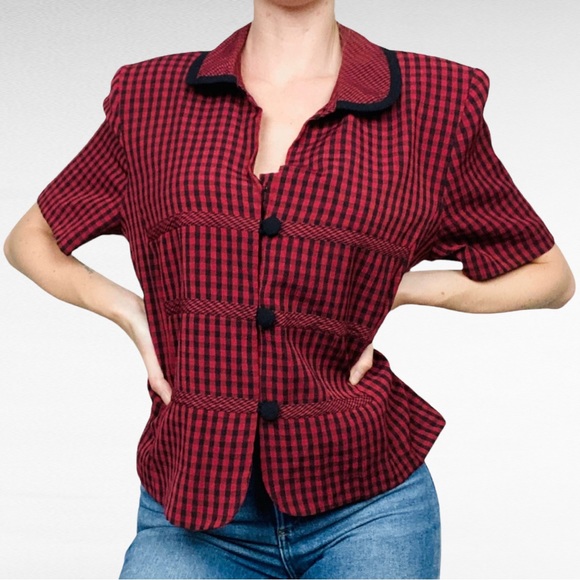 VINTAGE | 1990’s Kathie Lee Collection Black Red Checkered Short Sleeve Shirt - Picture 2 of 9